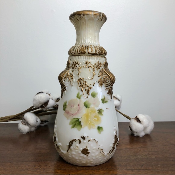 Antique Painted Milk Glass Vase Gold Floral